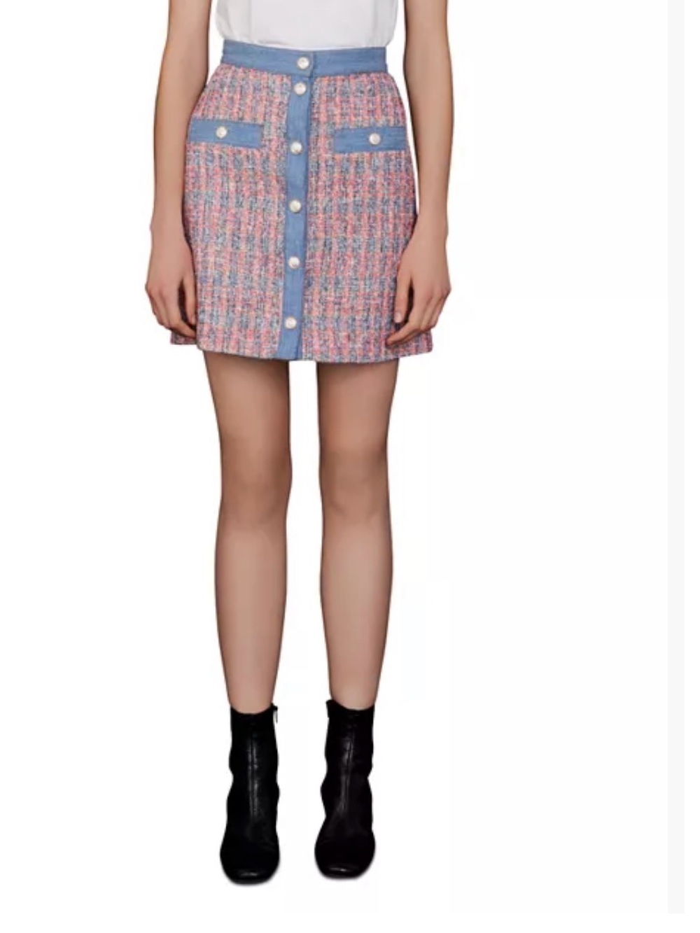 Maje Tweed and Denim Mini Skirt